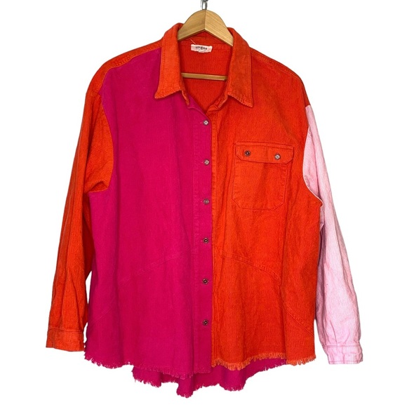 UMGEE Size L Colorblock Pink Orange Corduroy Shacket Shirt Jacket - Picture 5 of 12